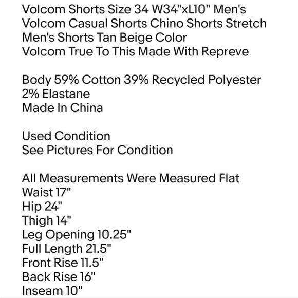 Volcom Shorts Size 34 W34"xL10" Men's Volcom Casual Shorts Chino Shorts Stretch - Picture 2 of 7
